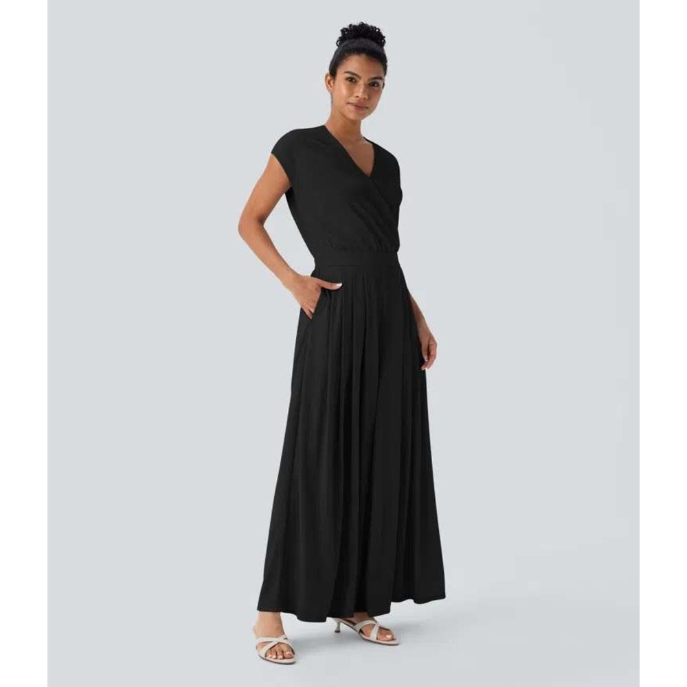 Halara Black Ribbed Knit Surplice V-Neck Wide Leg Jumpsuit XL NWT